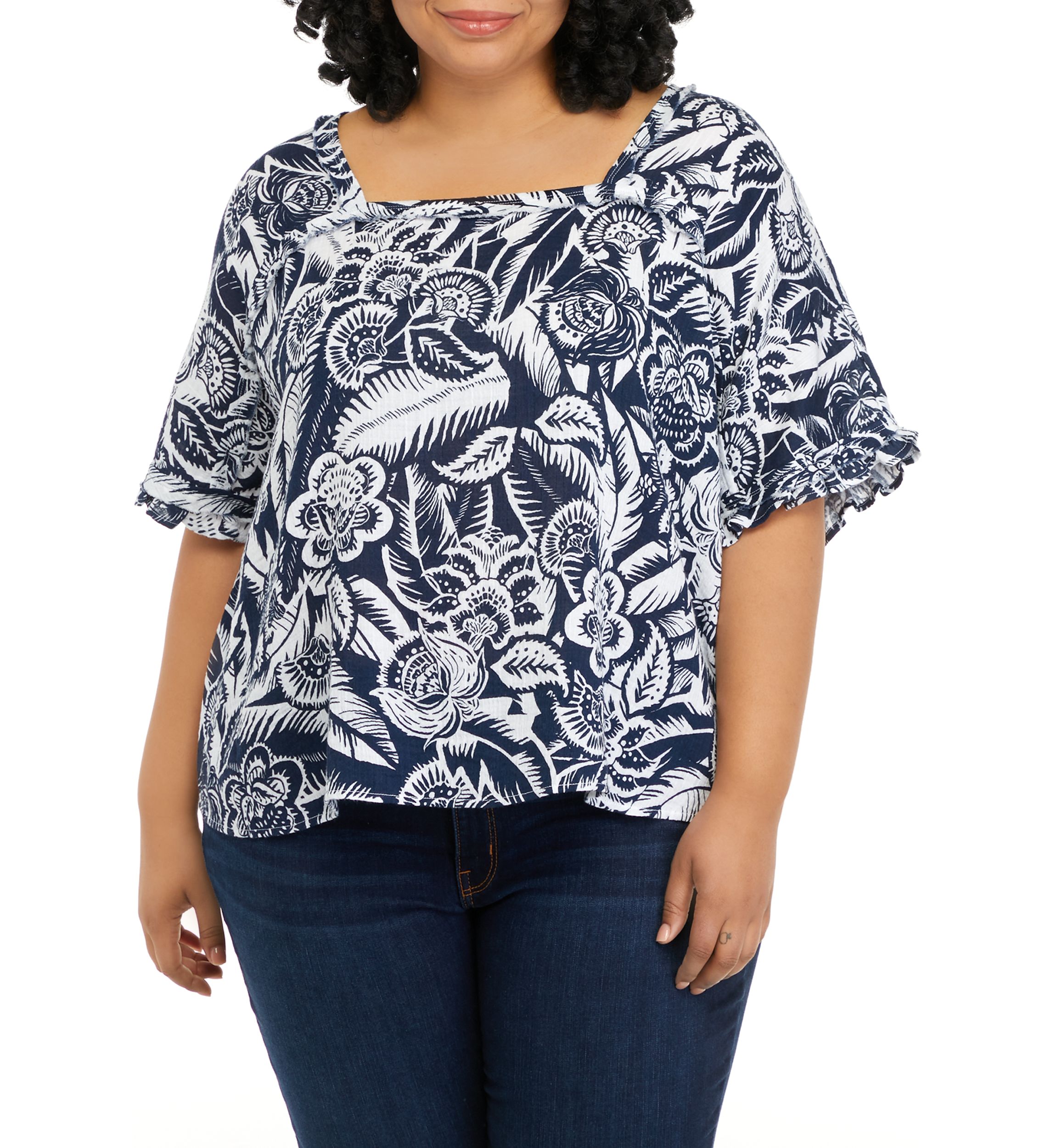 Plus Size Short Sleeve Cotton Gauze Square Neck Top 