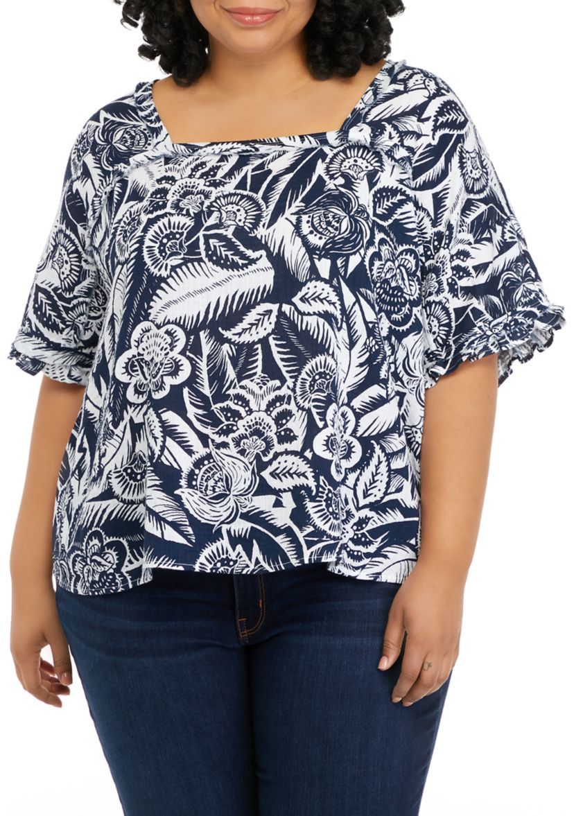 Plus Size Short Sleeve Cotton Gauze Square Neck Top 
