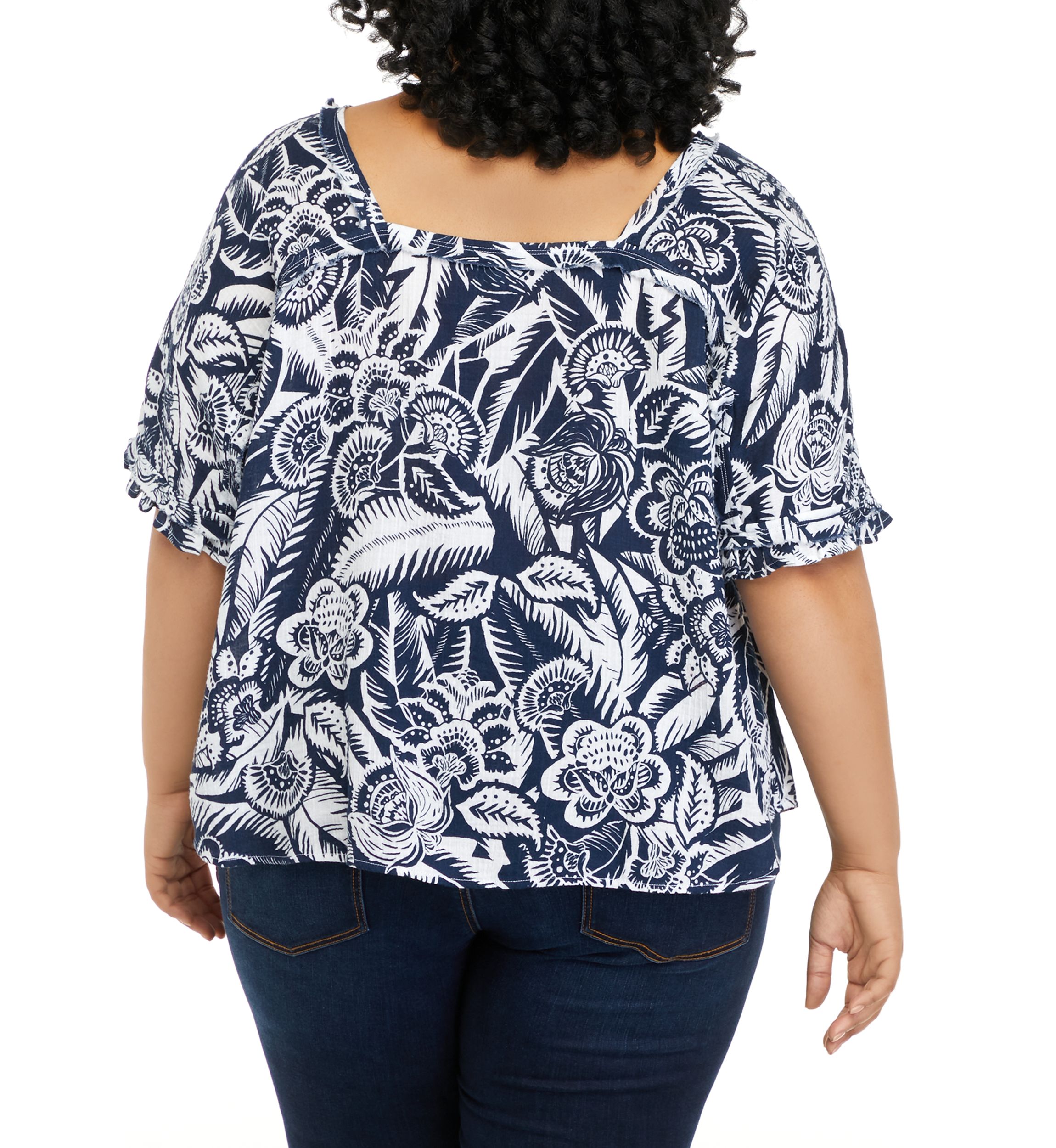 Plus Size Short Sleeve Cotton Gauze Square Neck Top 