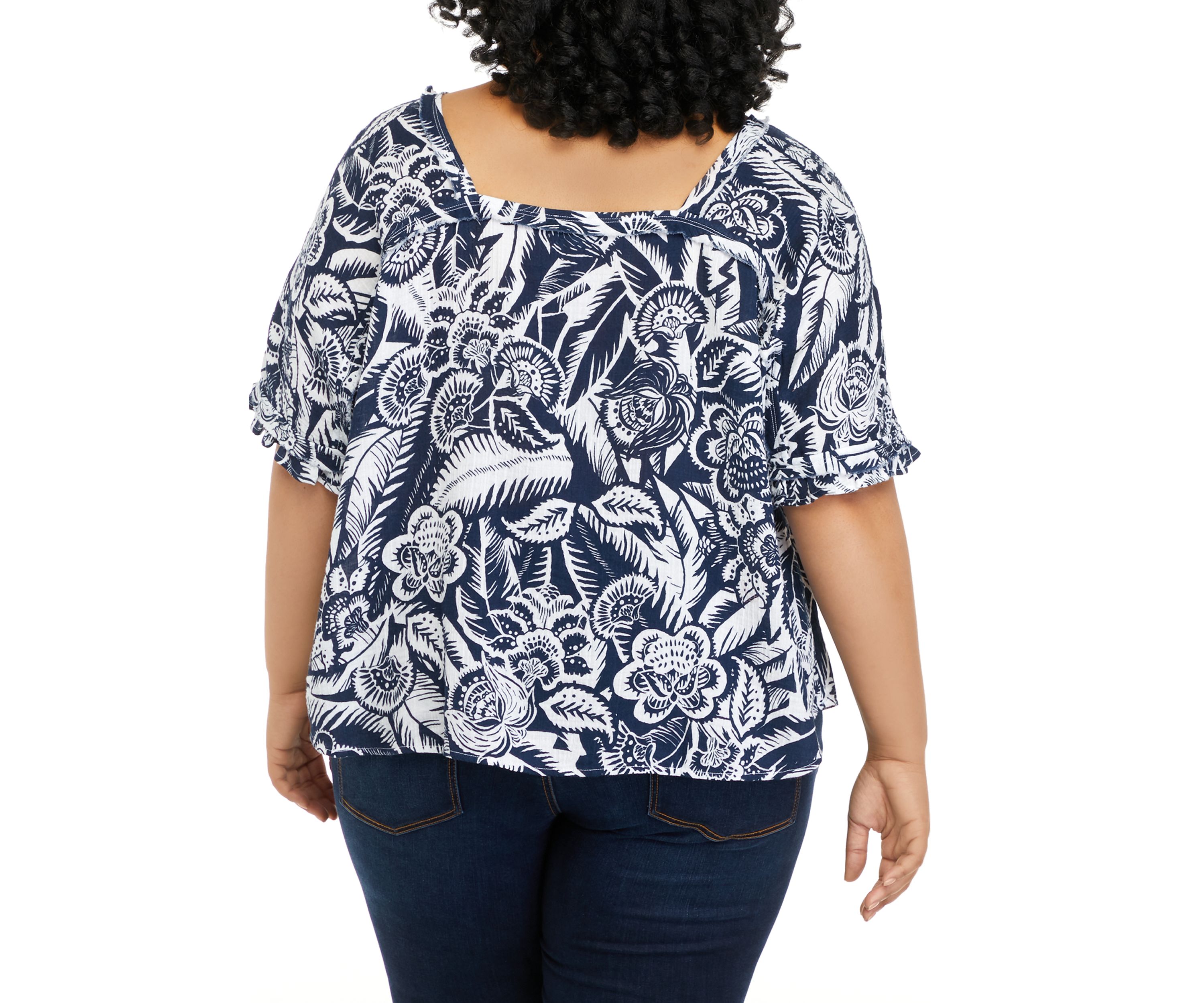 Plus Size Short Sleeve Cotton Gauze Square Neck Top 