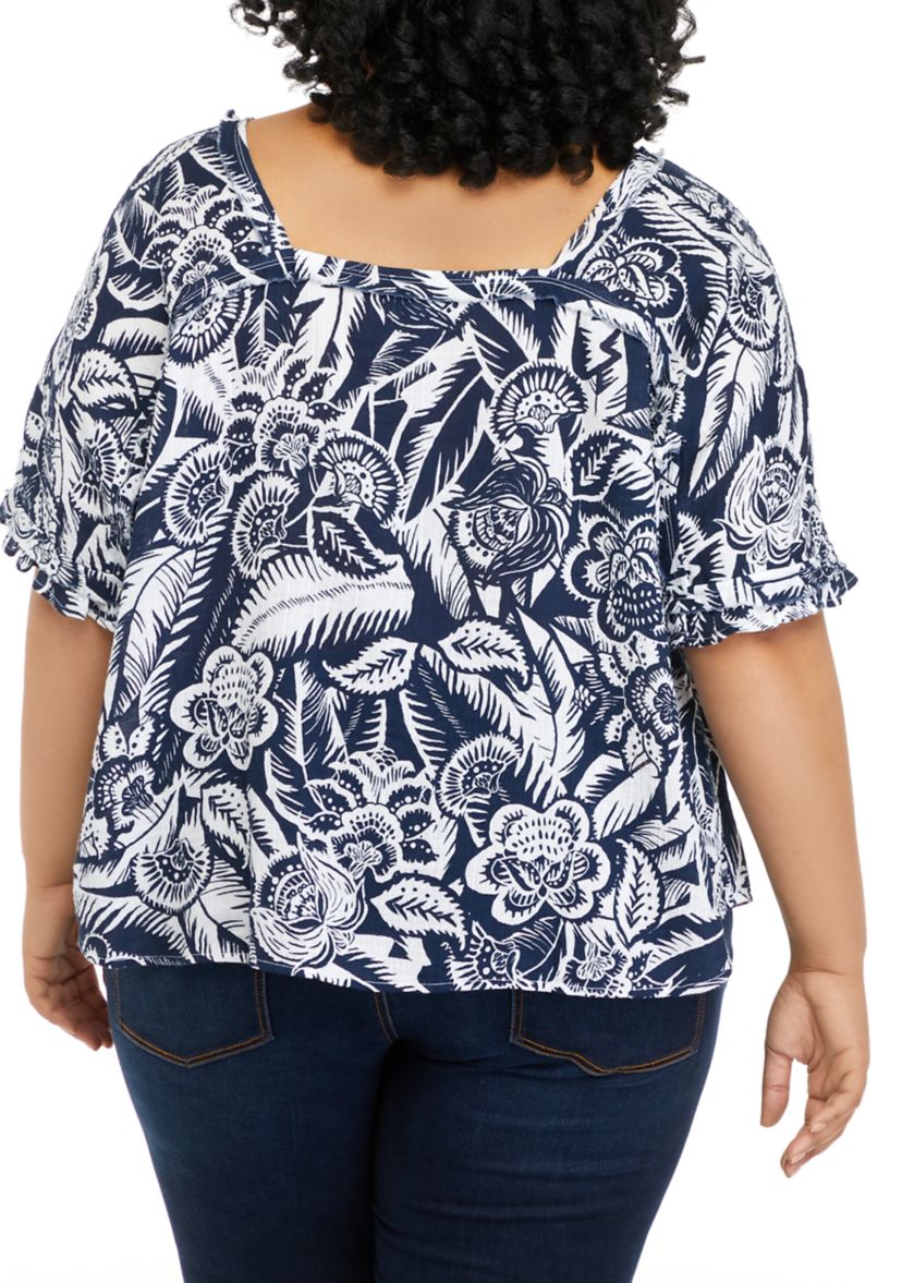 Plus Size Short Sleeve Cotton Gauze Square Neck Top 