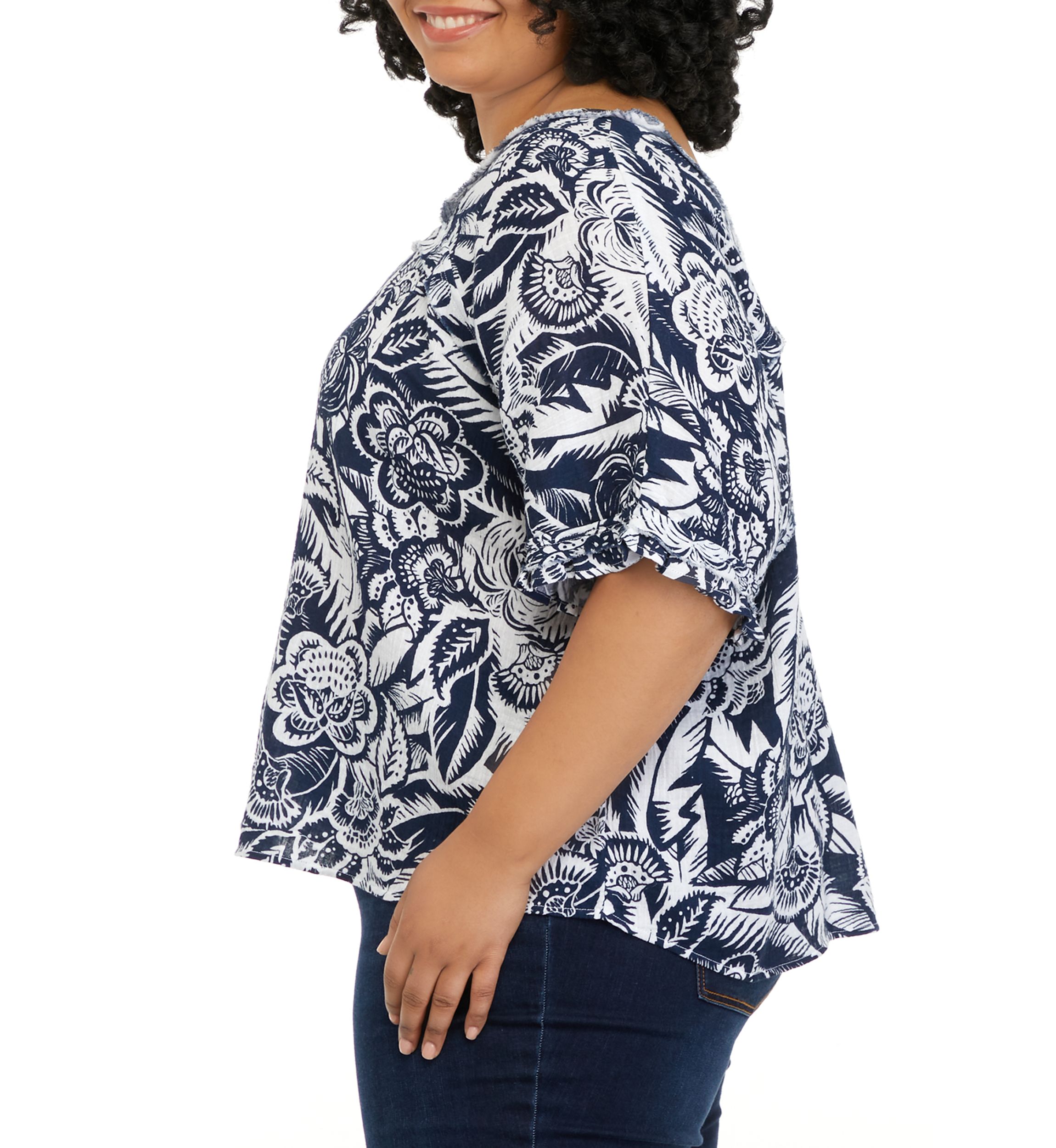 Plus Size Short Sleeve Cotton Gauze Square Neck Top 