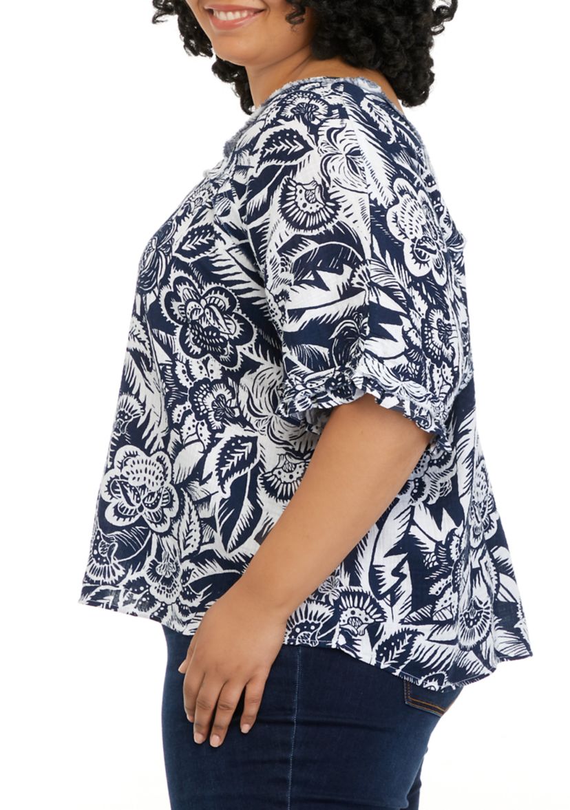 Plus Size Short Sleeve Cotton Gauze Square Neck Top 