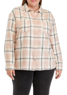 Wonderly Women's Plus Size Long Sleeve Yarn Dyed Boyfriend Shirt, Pink -  0480025194098