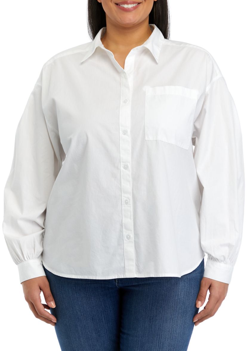 Plus Size Patch Pocket Solid Button Down Blouse