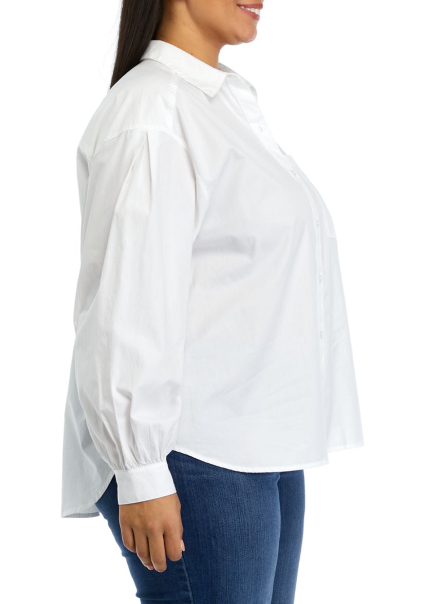 Plus Size Patch Pocket Solid Button Down Blouse