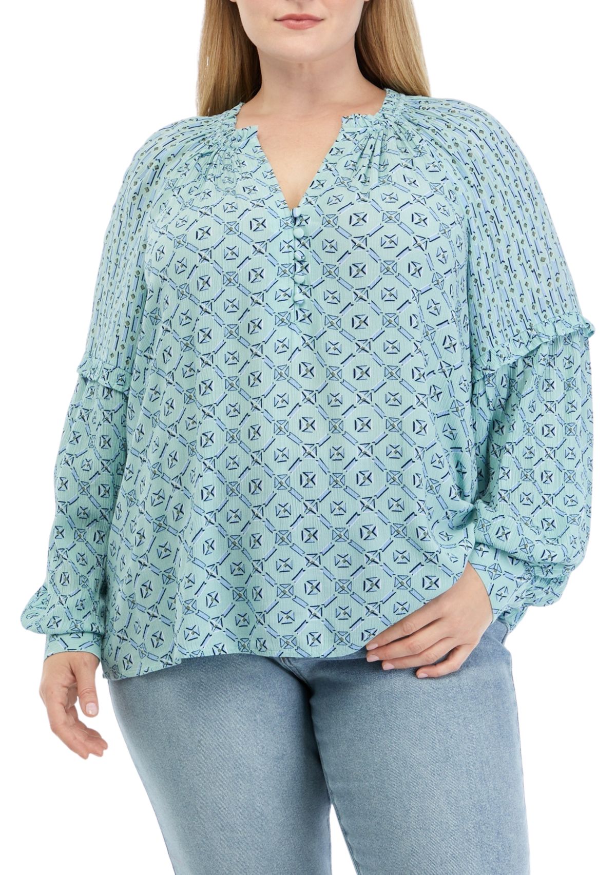 Plus Size Long Sleeve Split Neck Blouse