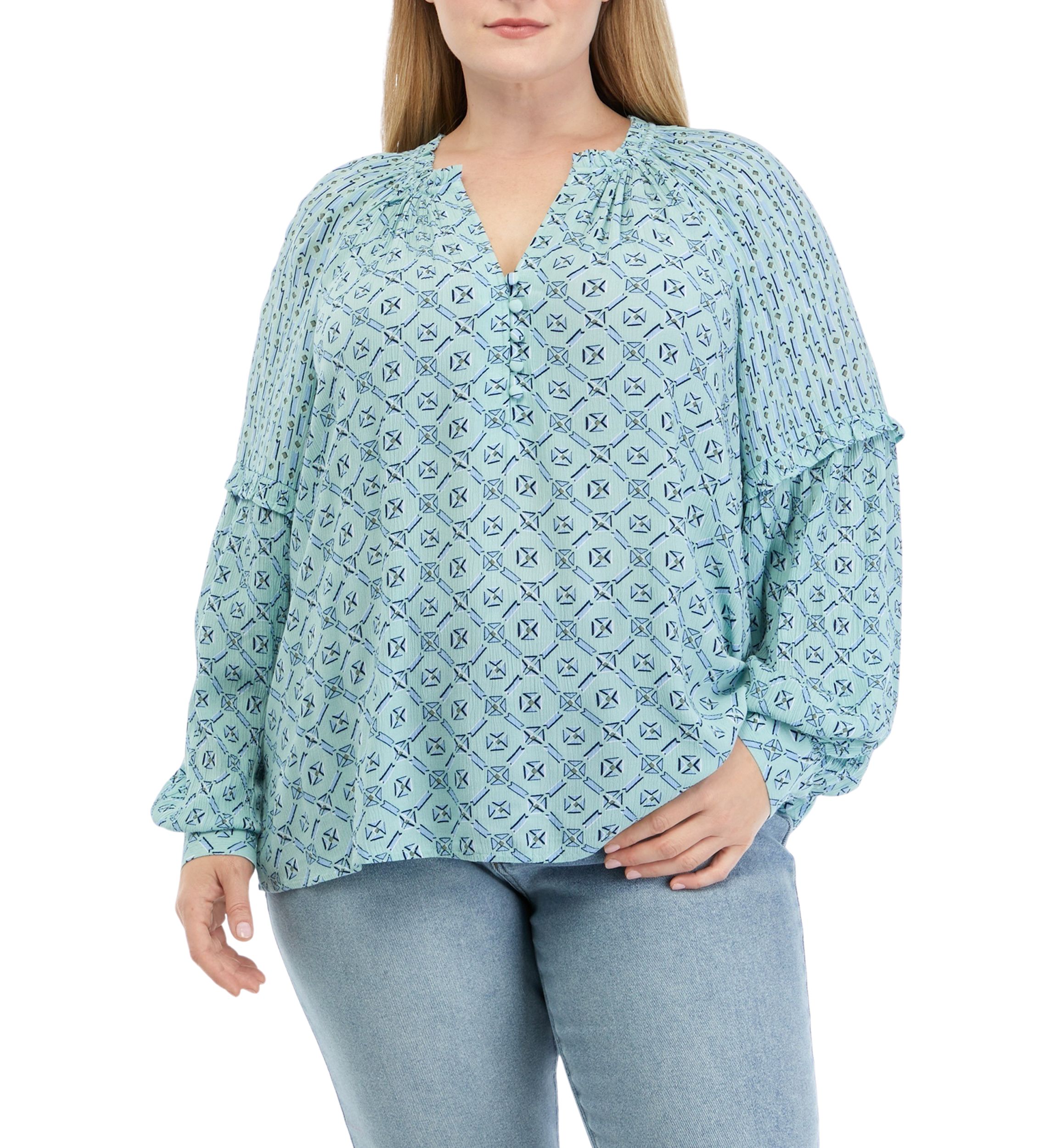 Plus Size Long Sleeve Split Neck Blouse