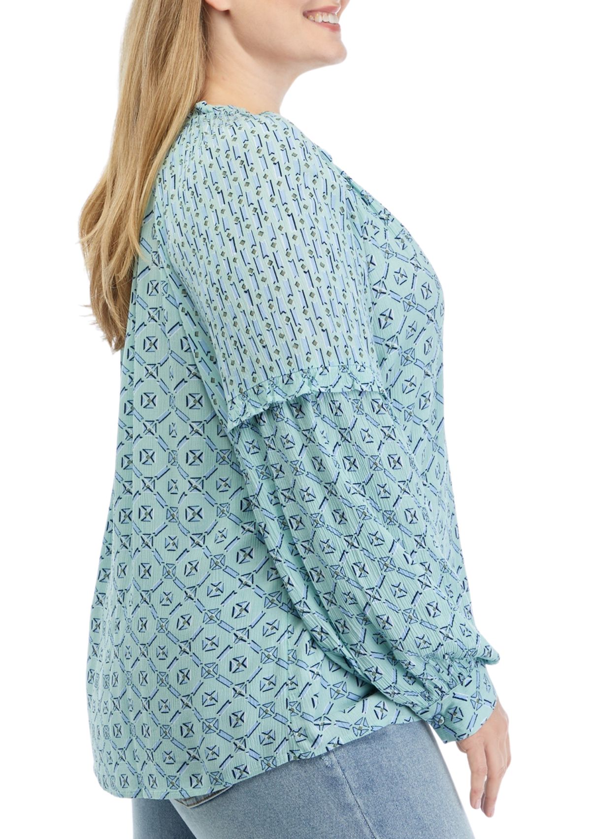 Plus Size Long Sleeve Split Neck Blouse