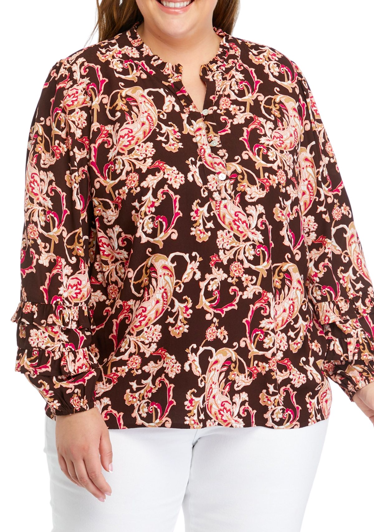 Plus Size Ruffle Trim Printed Blouse