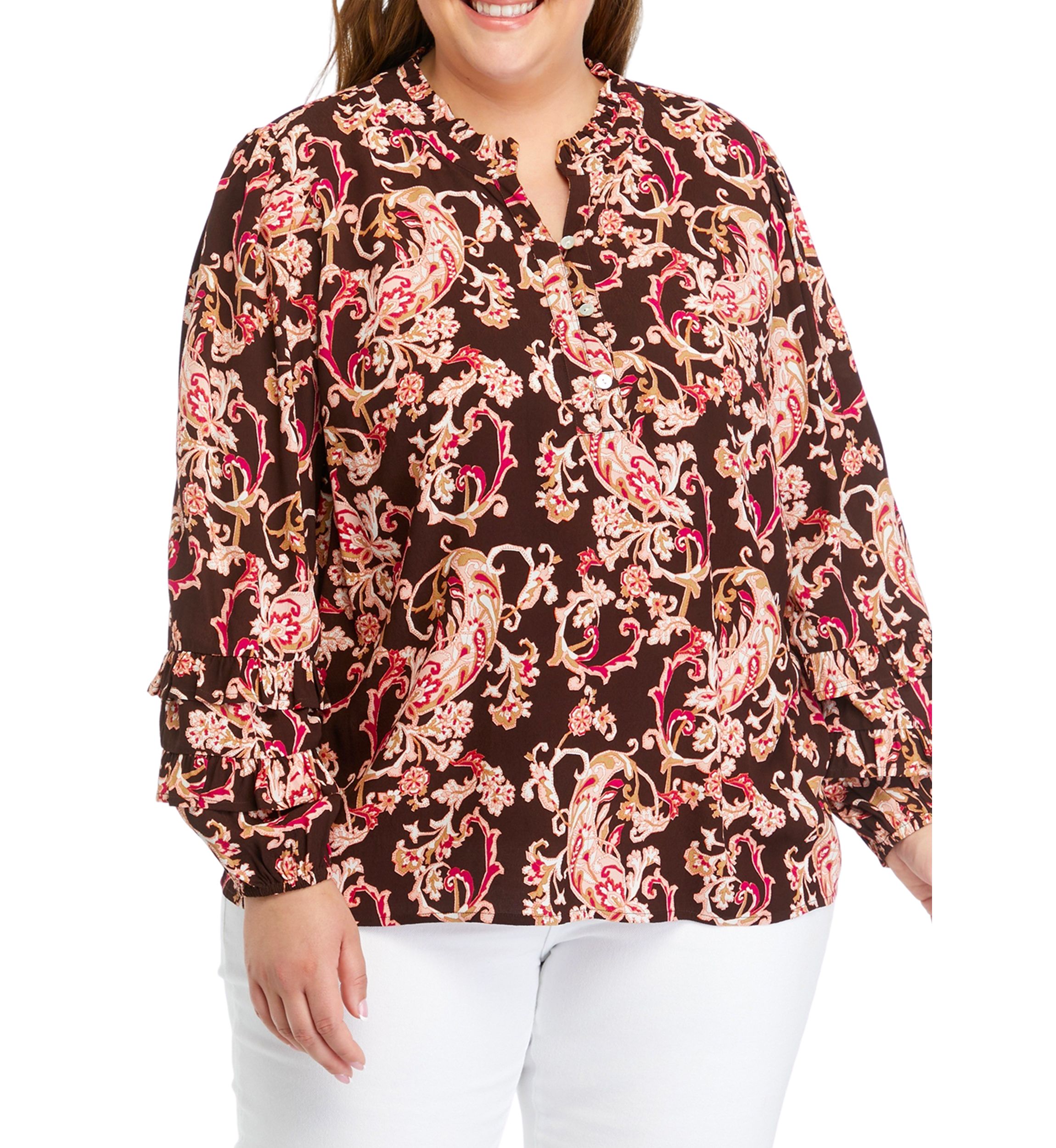 Plus Size Ruffle Trim Printed Blouse