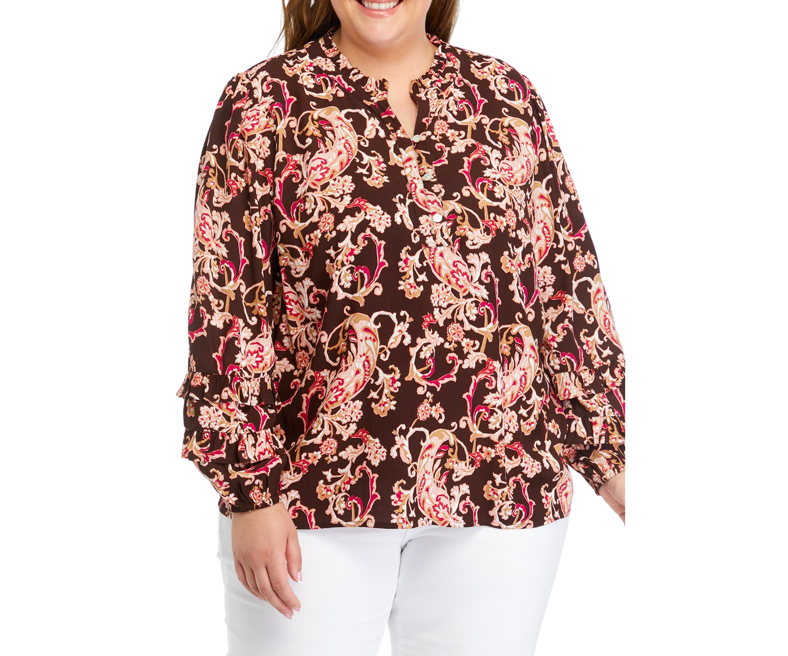 Plus Size Ruffle Trim Printed Blouse