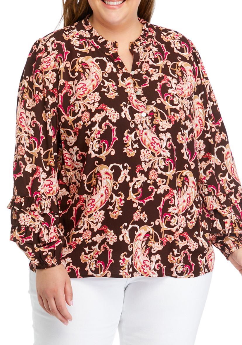 Plus Size Ruffle Trim Printed Blouse