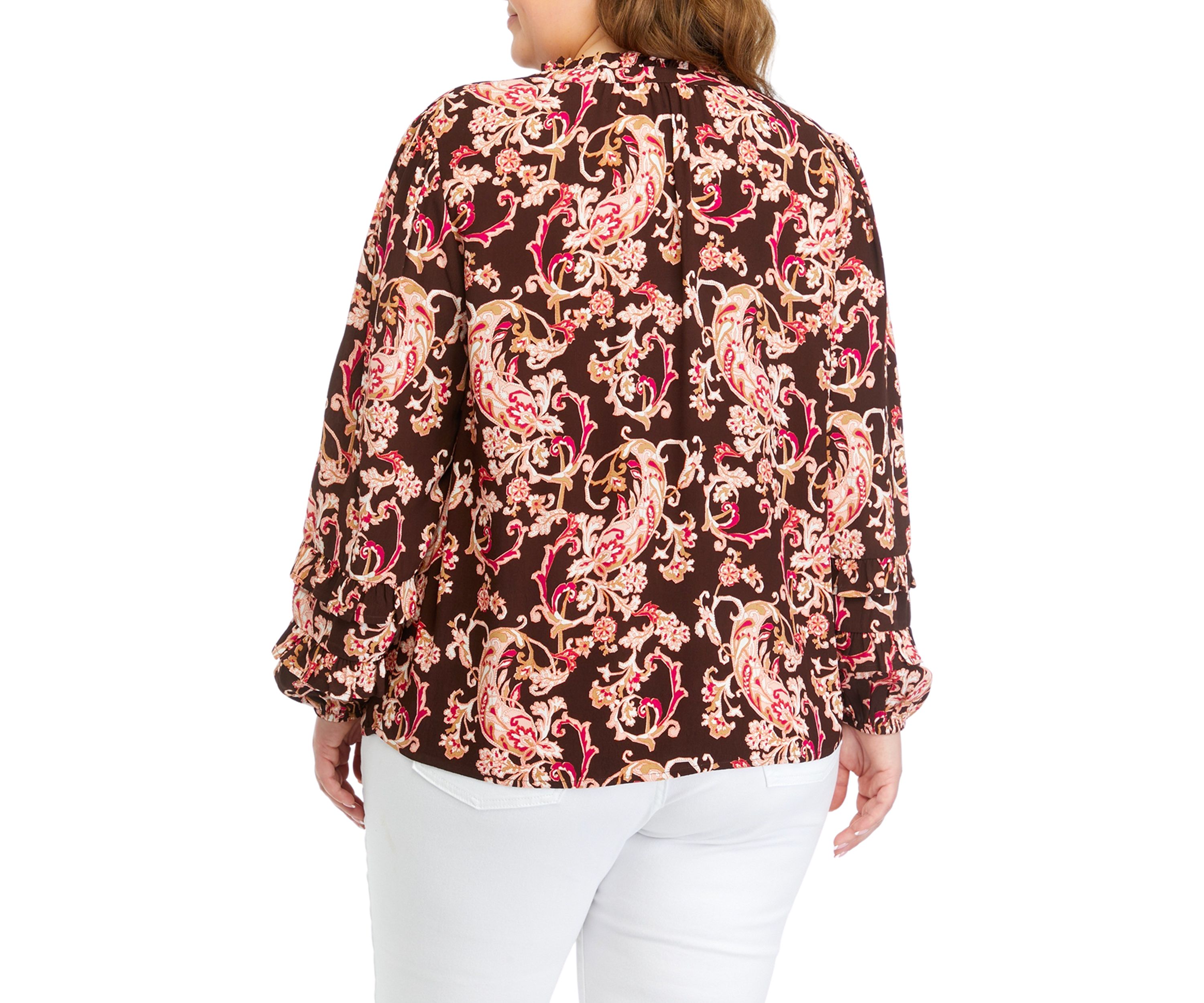 Plus Size Ruffle Trim Printed Blouse