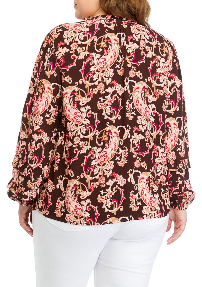 Plus Size Ruffle Trim Printed Blouse