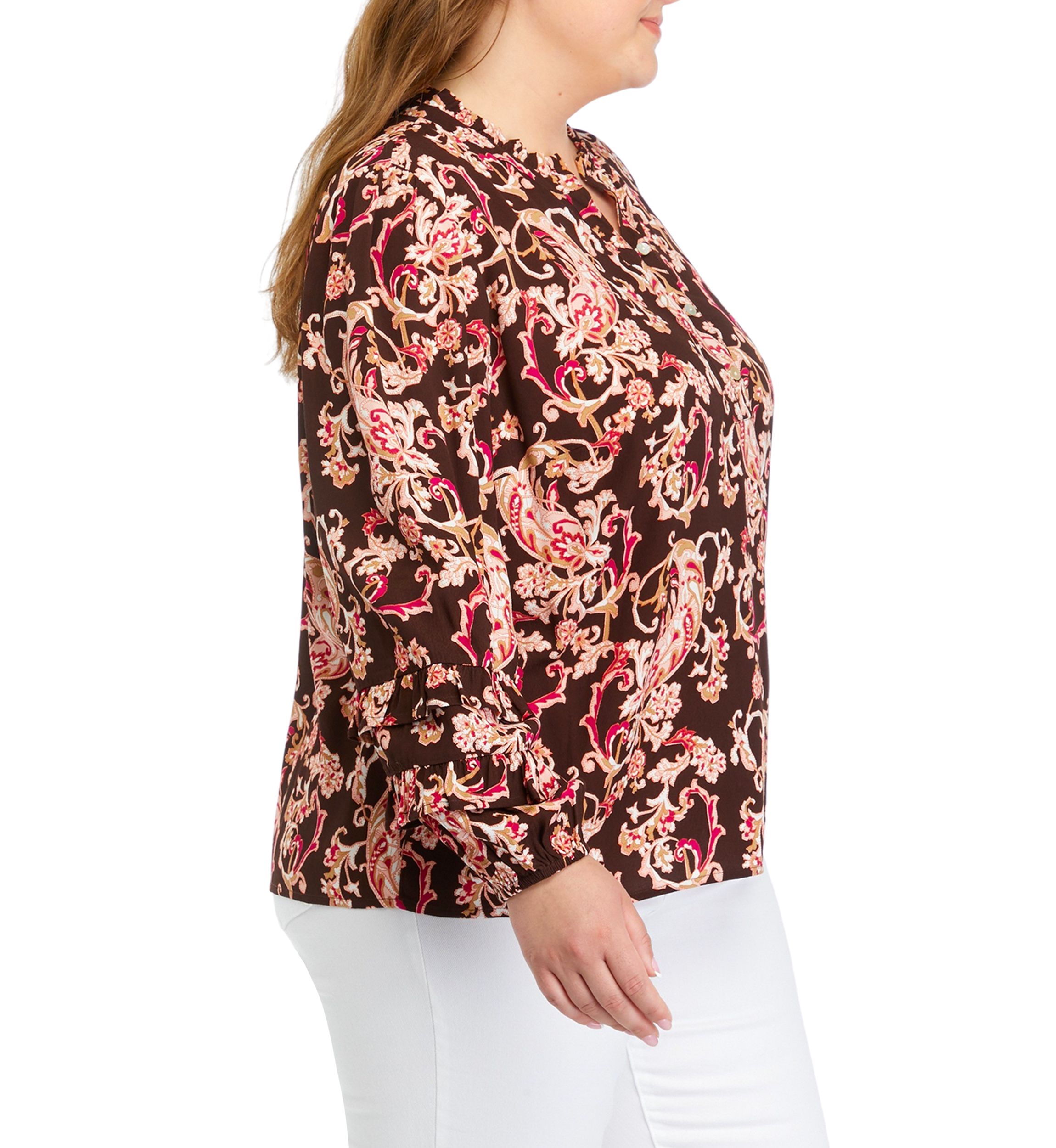 Plus Size Ruffle Trim Printed Blouse