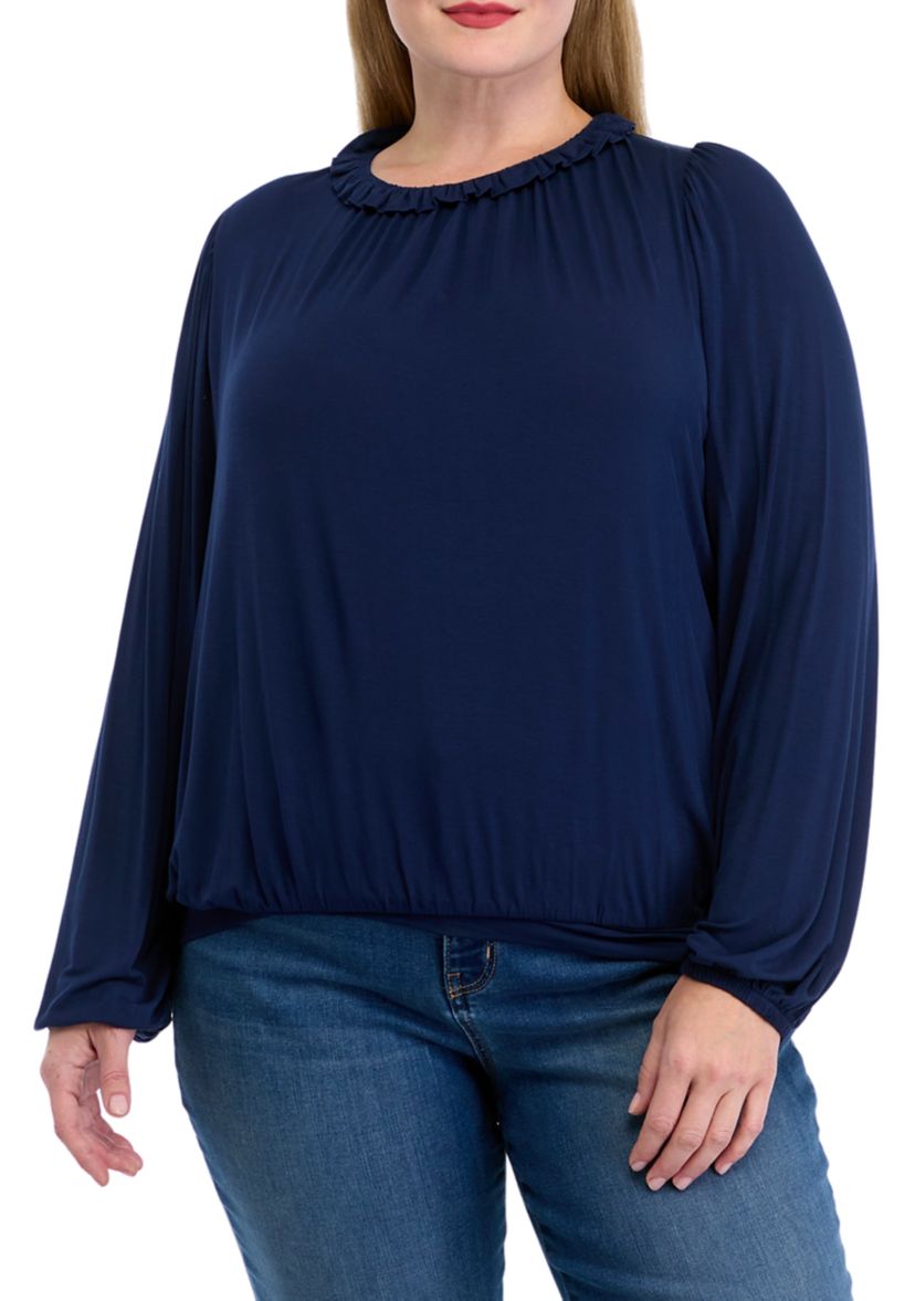 Plus Size Long Sleeve Ruffle Neck Blouse