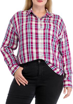 Wonderly Women's Plus Size Plaid Print Casual Shirt, 1X