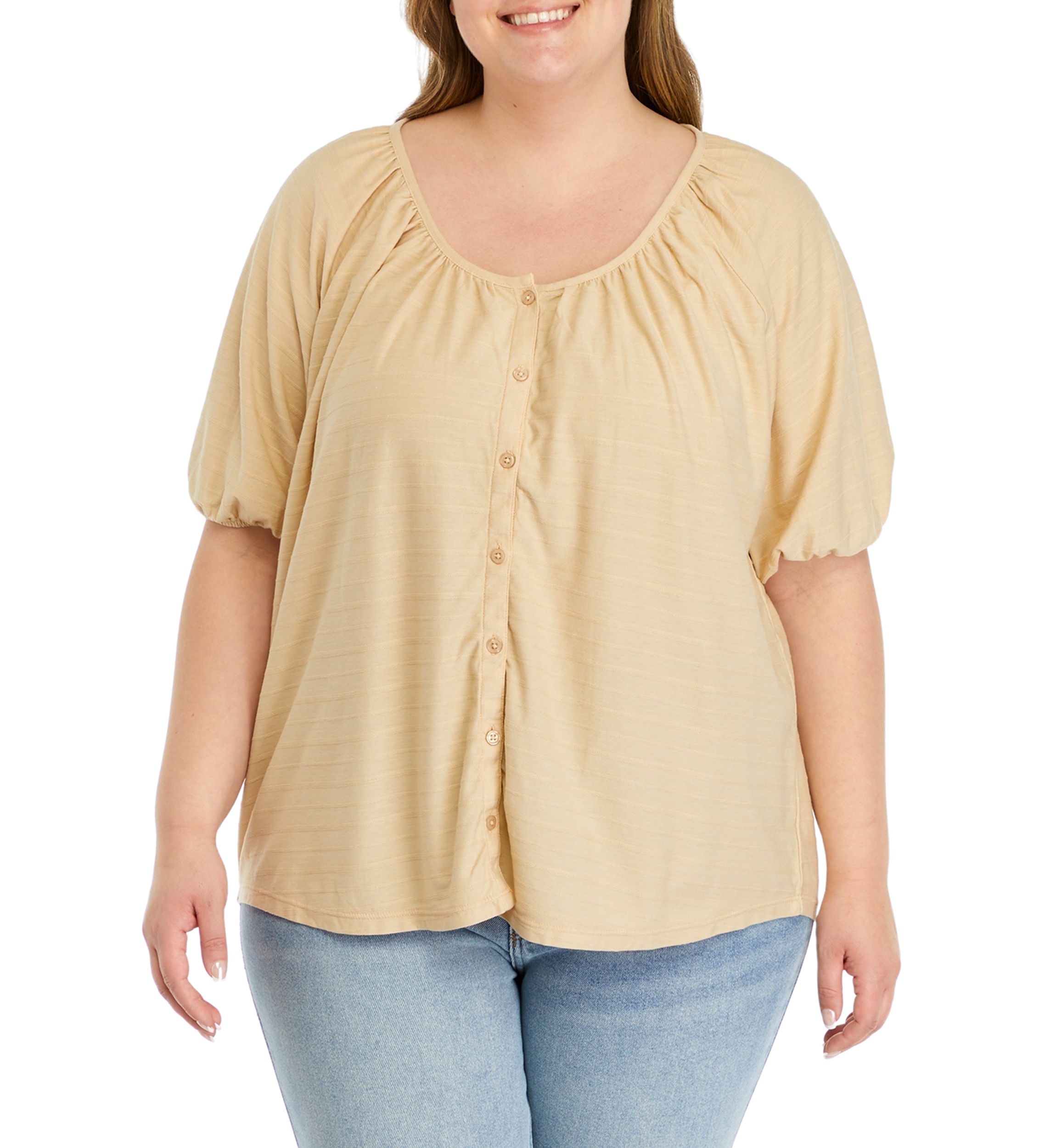 Plus Size Short Puff Sleeve Button Down Shirt