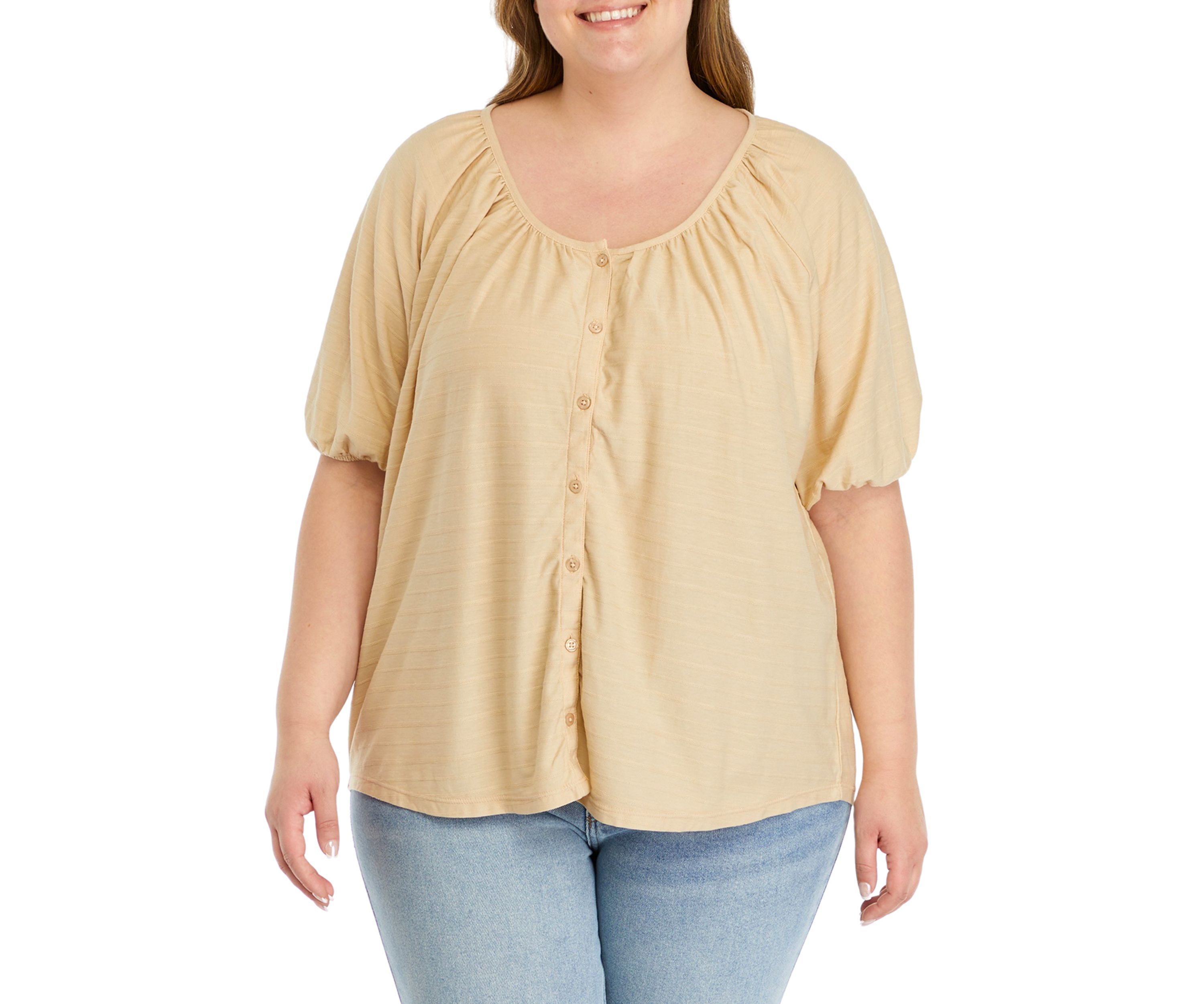 Plus Size Short Puff Sleeve Button Down Shirt