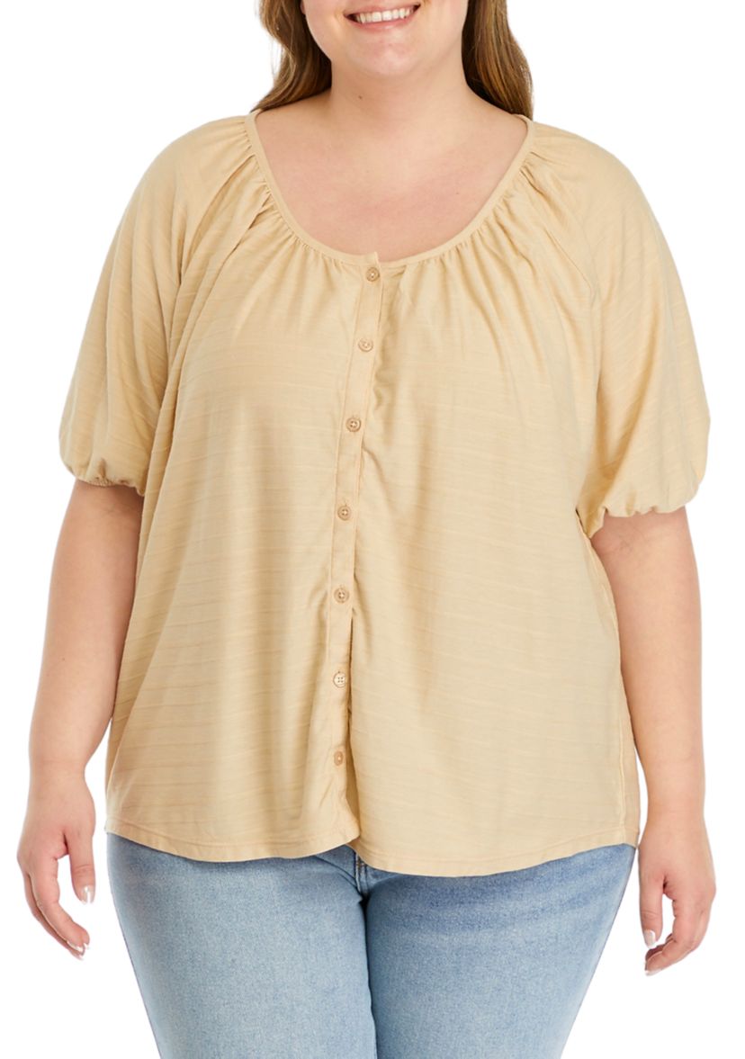 Plus Size Short Puff Sleeve Button Down Shirt