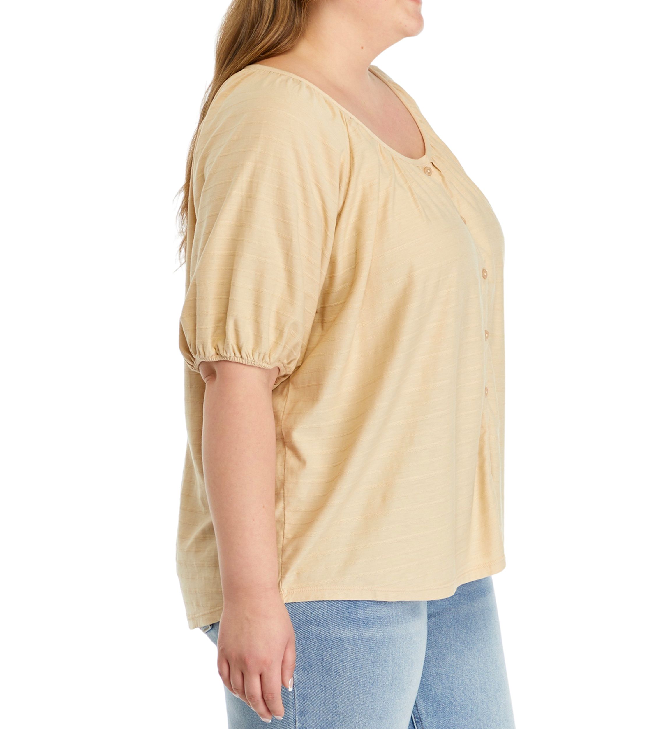 Plus Size Short Puff Sleeve Button Down Shirt