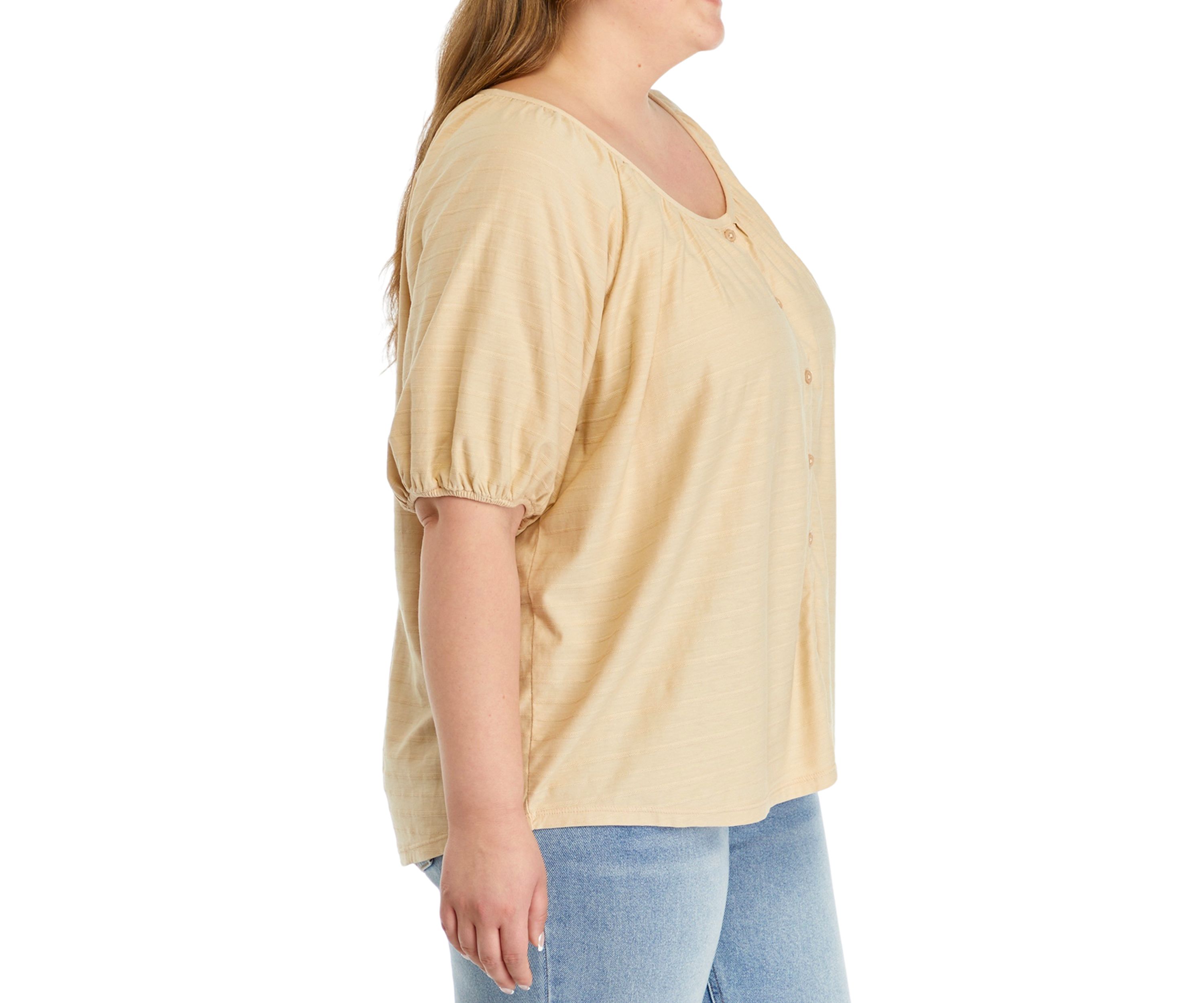 Plus Size Short Puff Sleeve Button Down Shirt