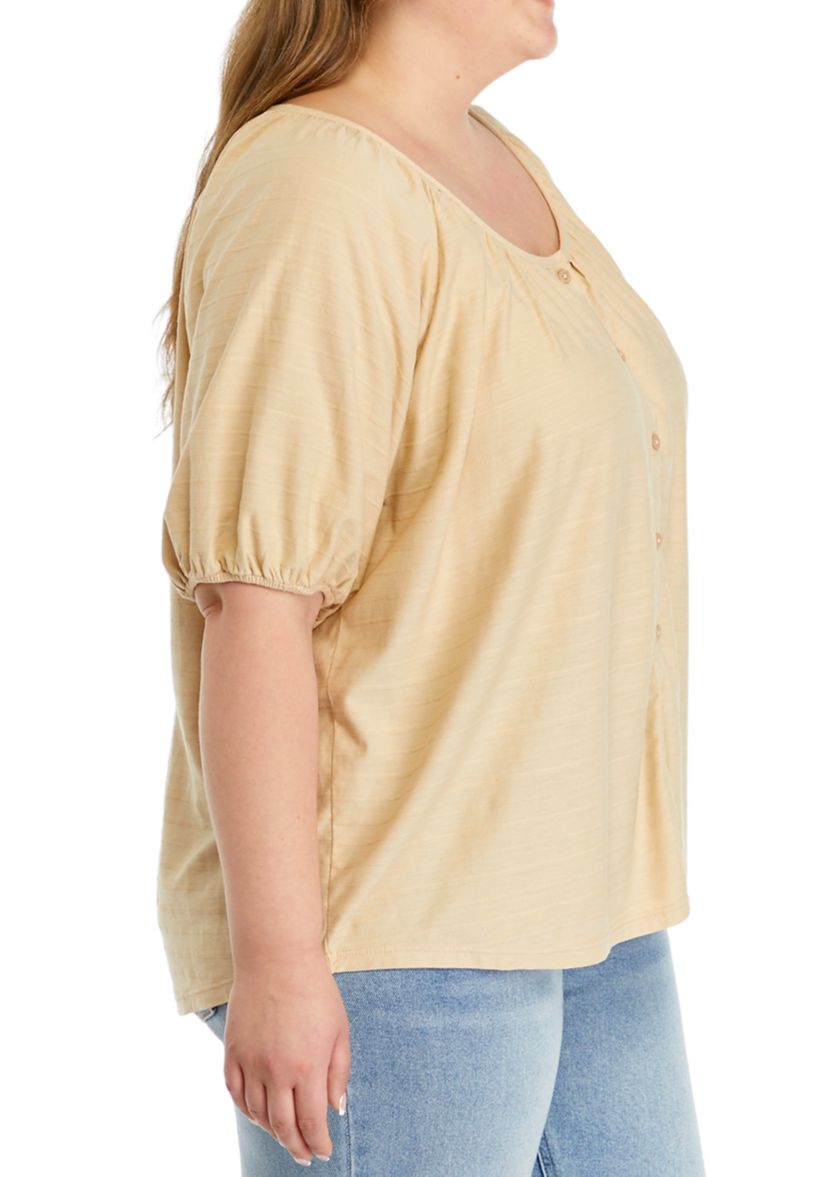 Plus Size Short Puff Sleeve Button Down Shirt
