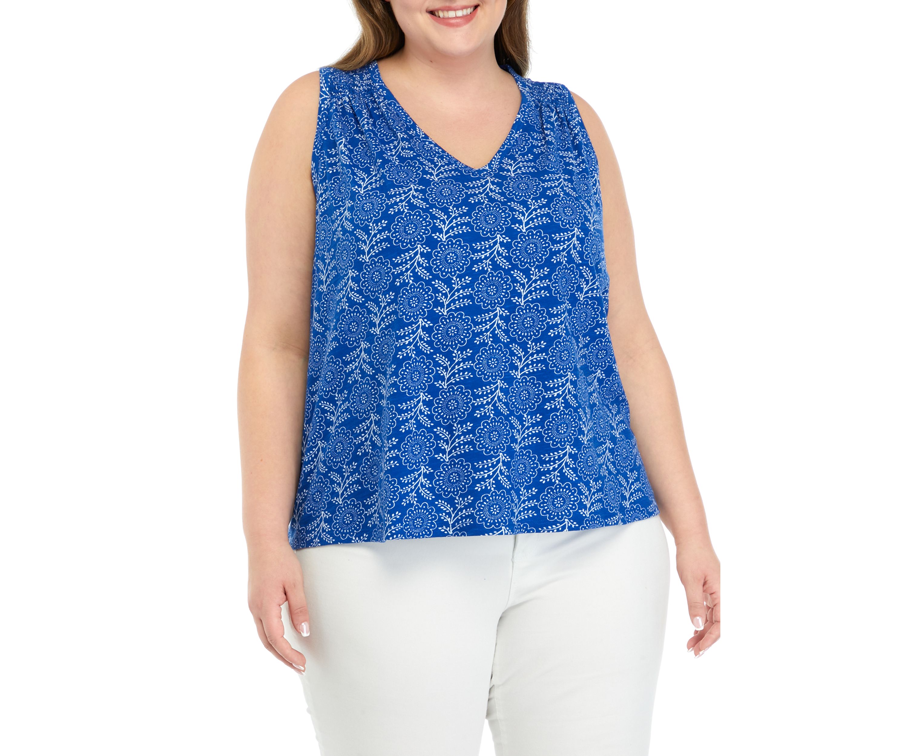 Plus Size Smocked Shoulder Printed Top