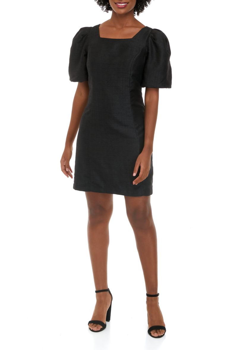 Womens Short Puff Sleeve Dupioni Dress