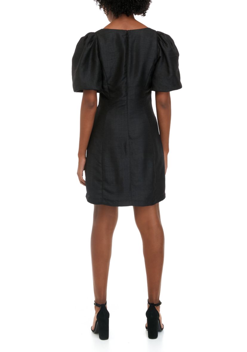 Womens Short Puff Sleeve Dupioni Dress