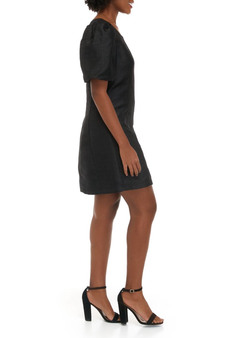 Womens Short Puff Sleeve Dupioni Dress