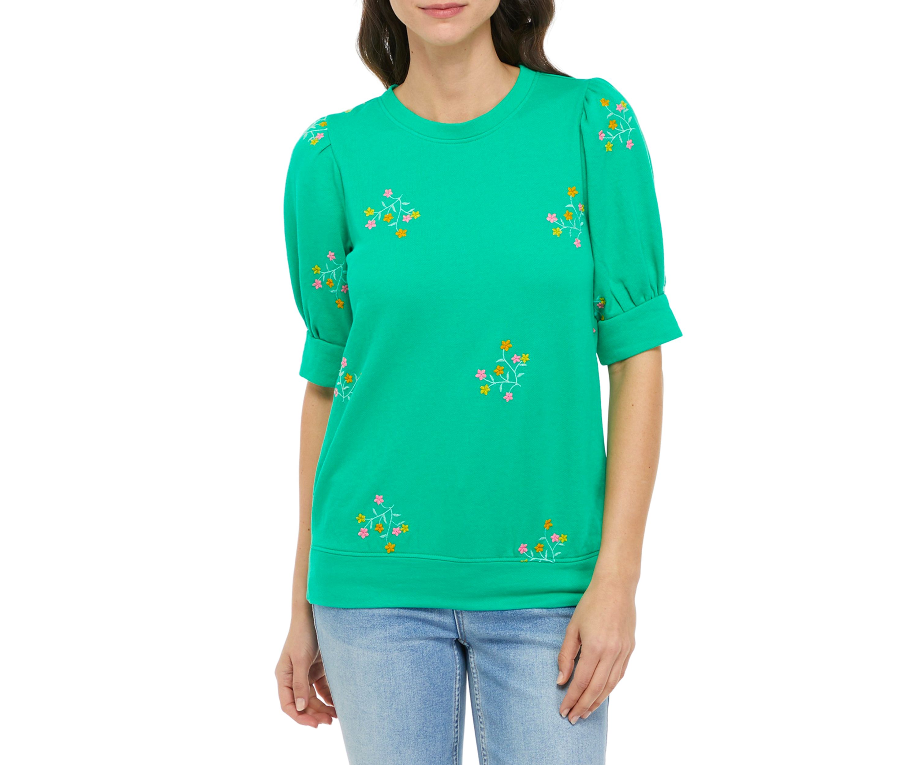 Womens Puff Sleeve Floral Embroidered Top