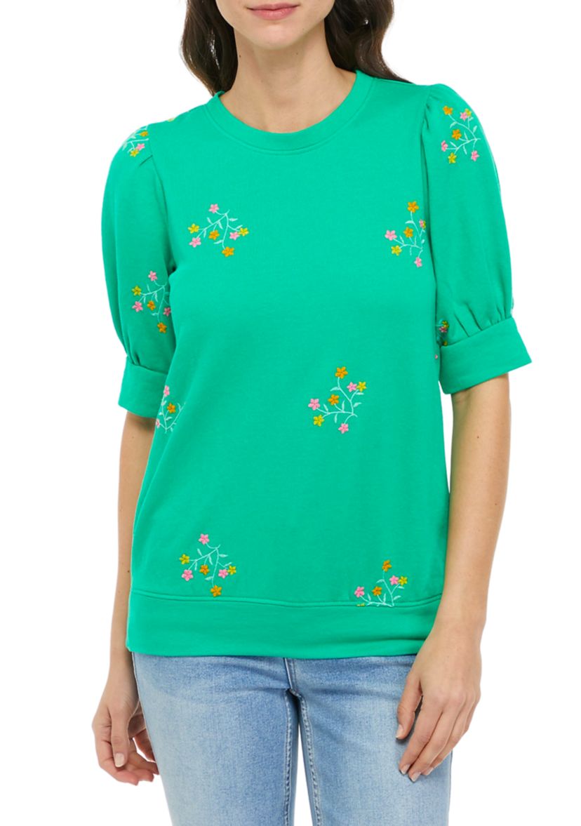 Womens Puff Sleeve Floral Embroidered Top