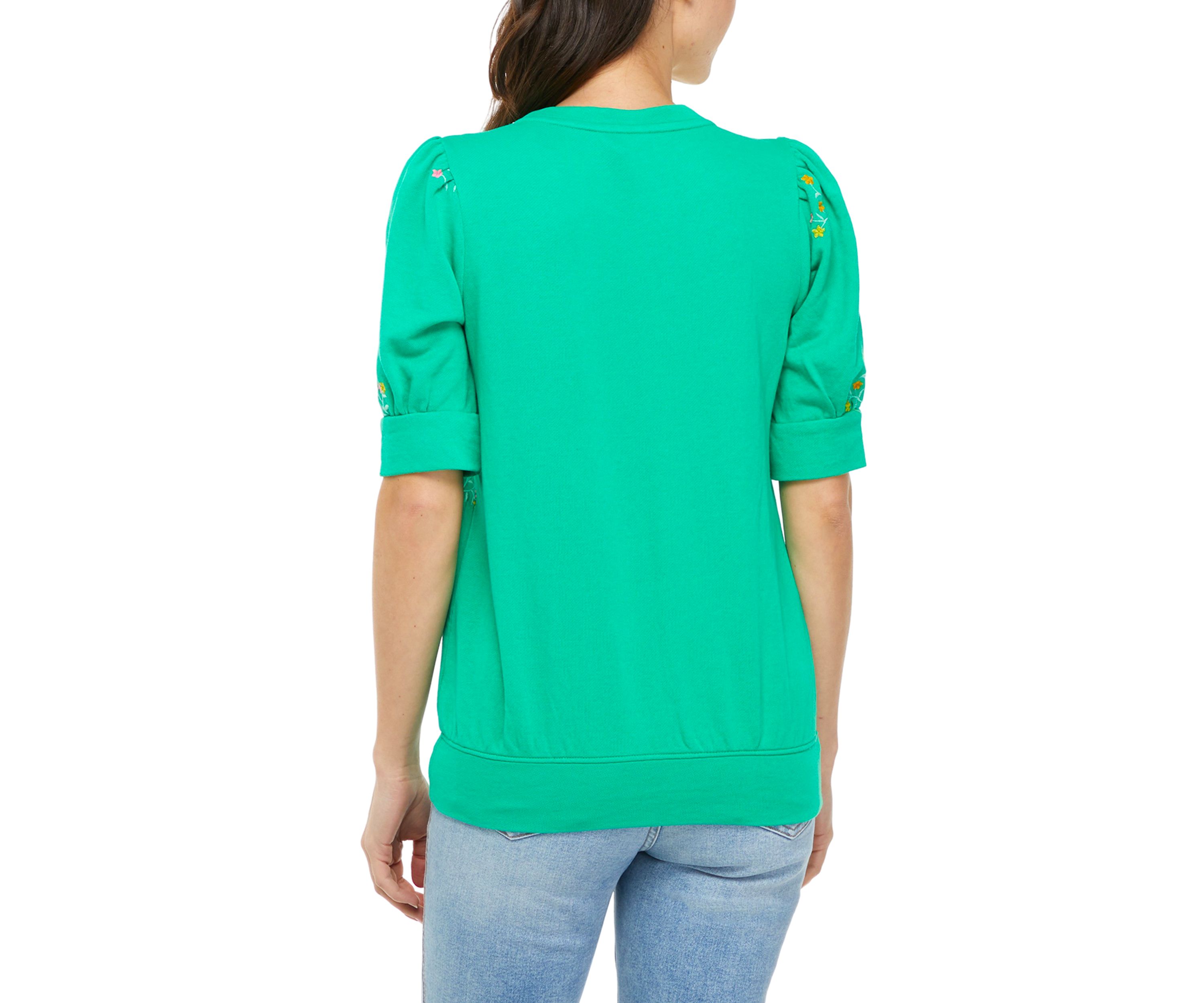 Womens Puff Sleeve Floral Embroidered Top