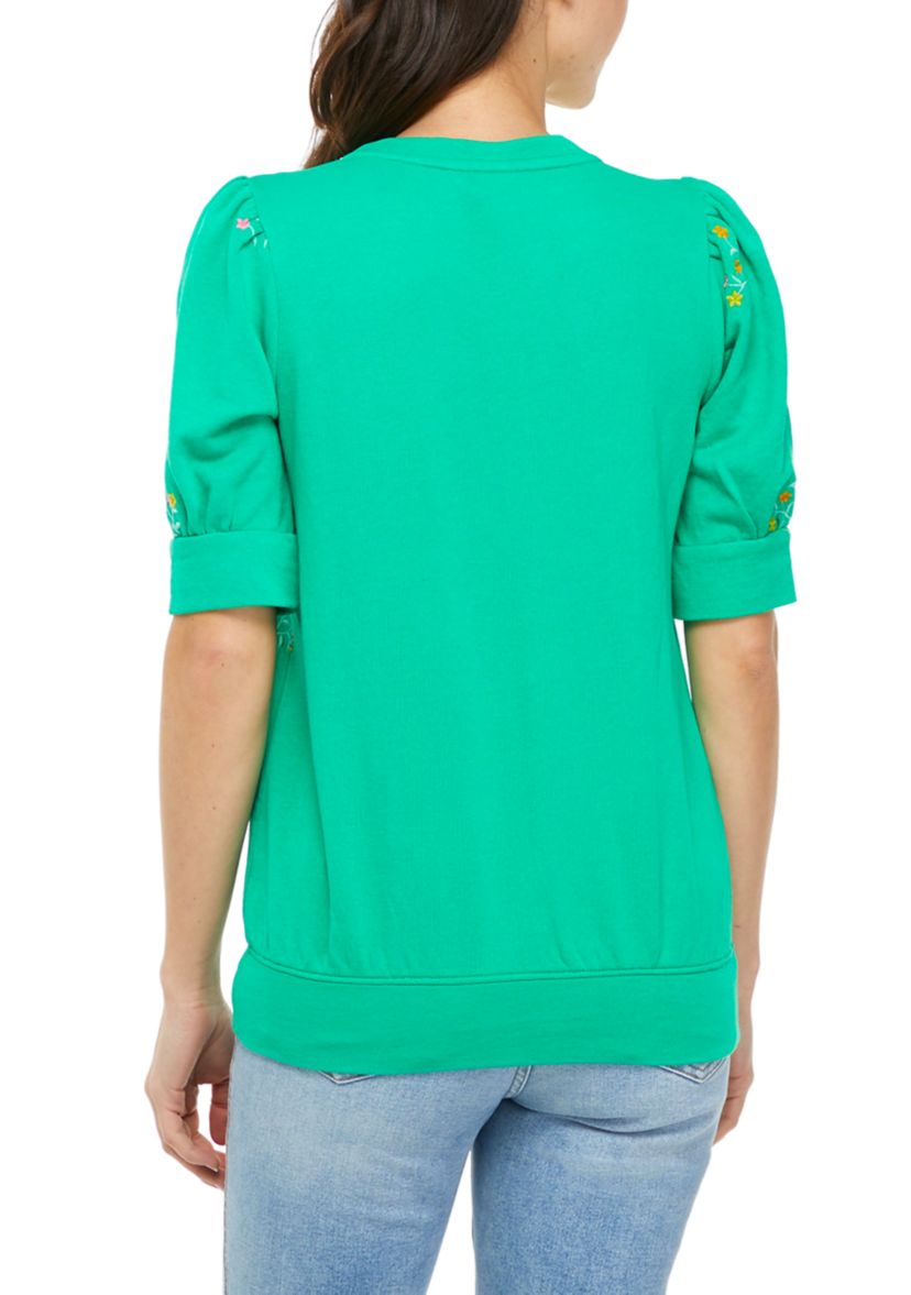 Womens Puff Sleeve Floral Embroidered Top