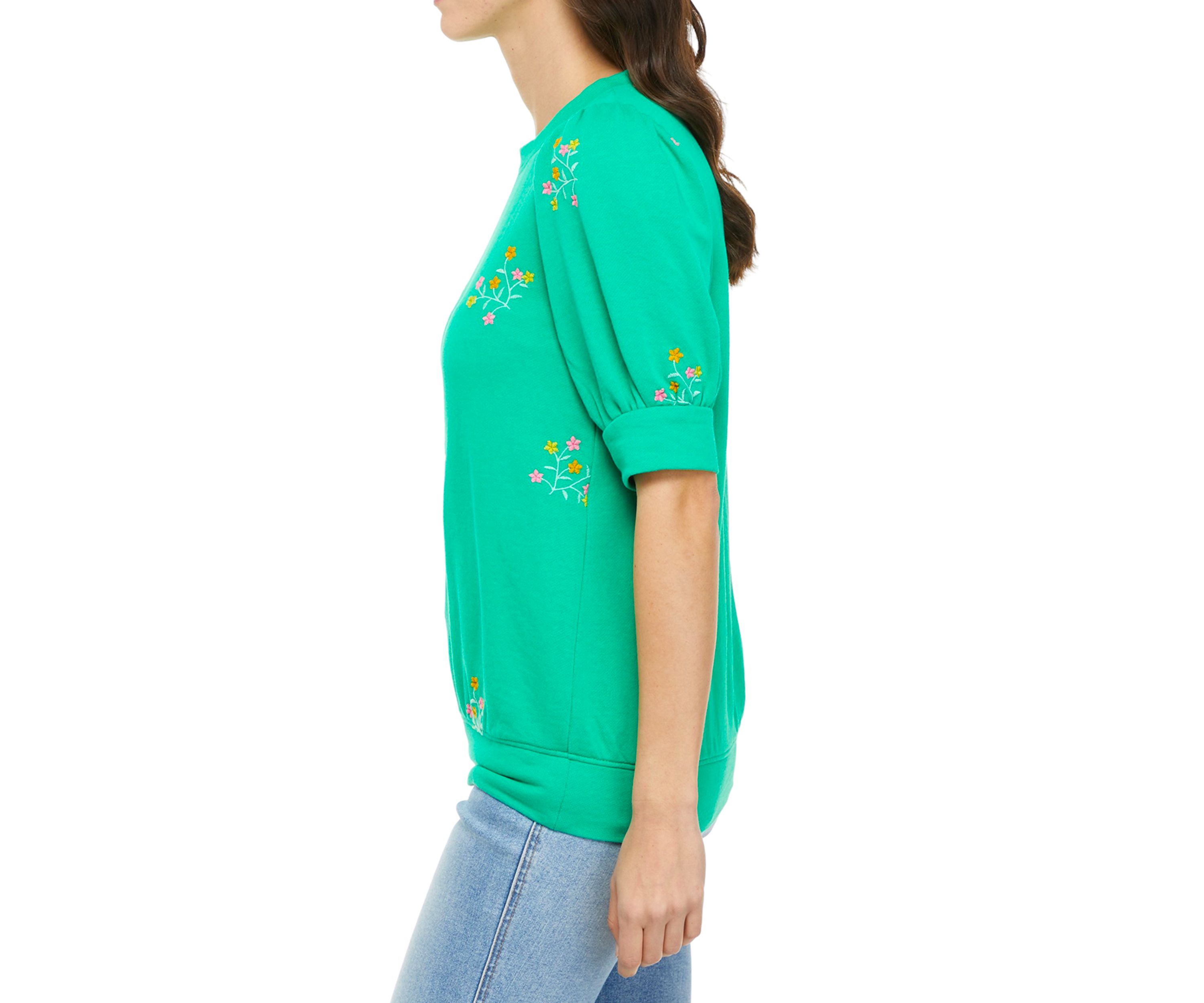 Womens Puff Sleeve Floral Embroidered Top