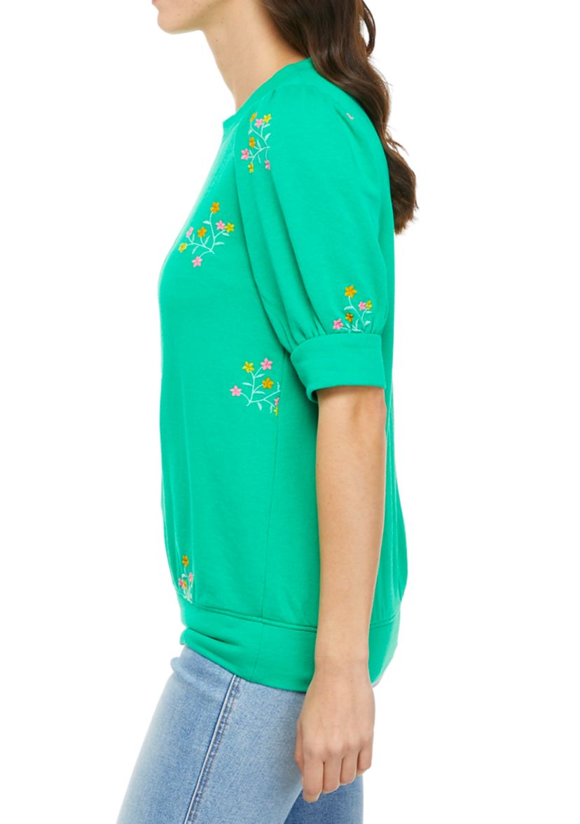 Womens Puff Sleeve Floral Embroidered Top