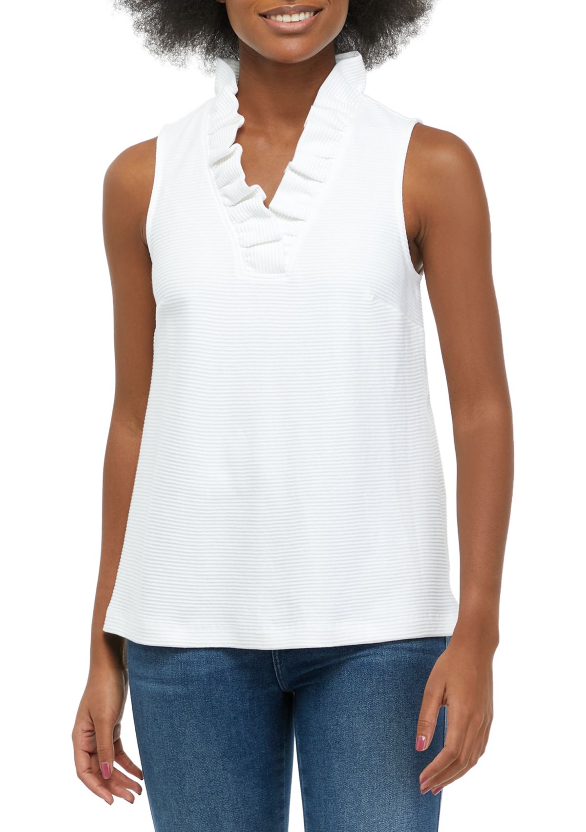 Womens Sleeveless Ruffle Neck Top