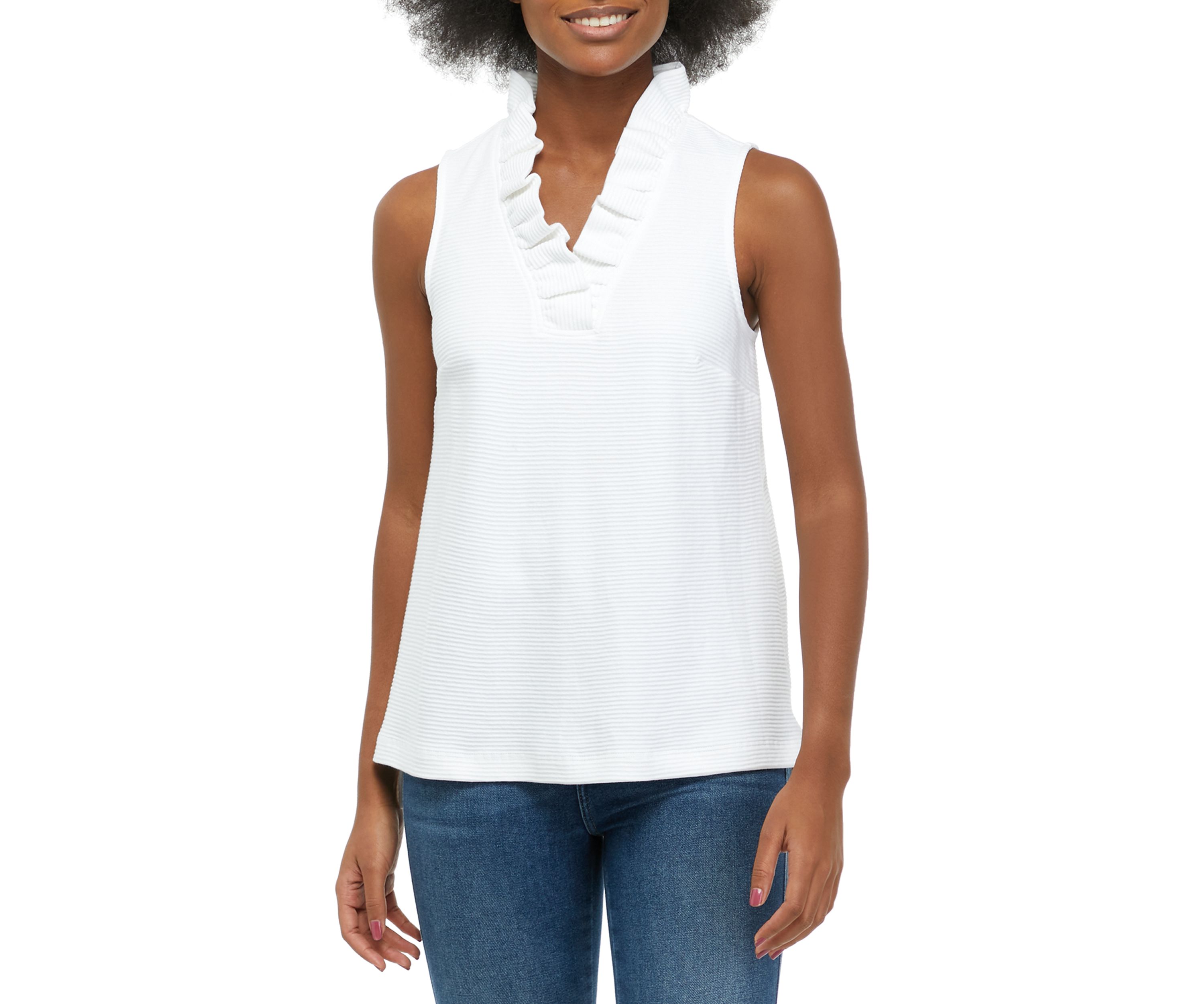 Womens Sleeveless Ruffle Neck Top