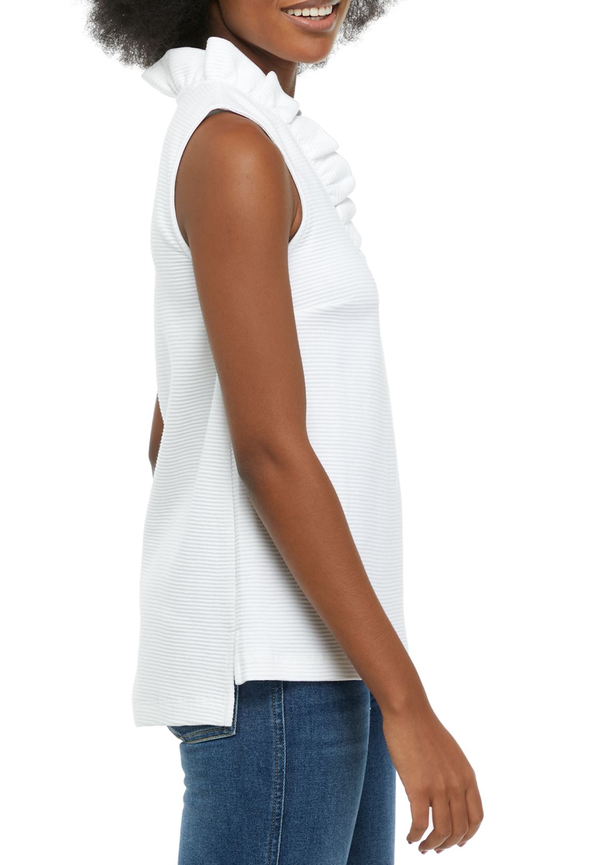Womens Sleeveless Ruffle Neck Top