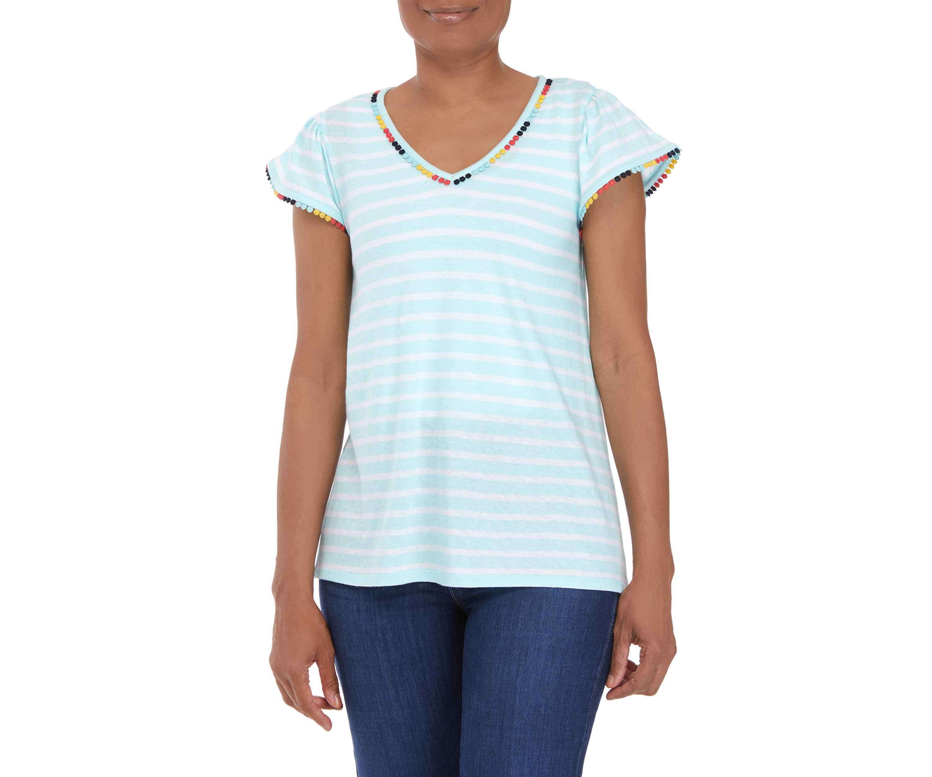 Womens Flutter Sleeve Pom Trim Top