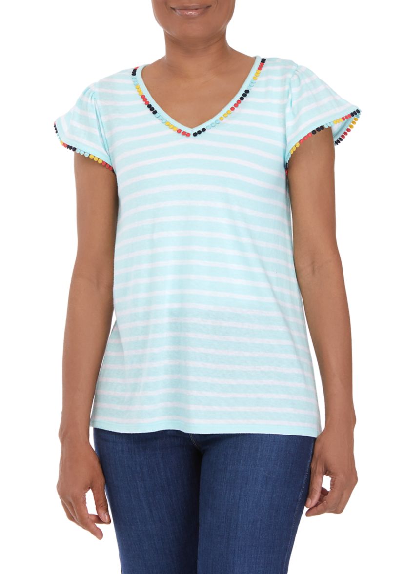 Womens Flutter Sleeve Pom Trim Top
