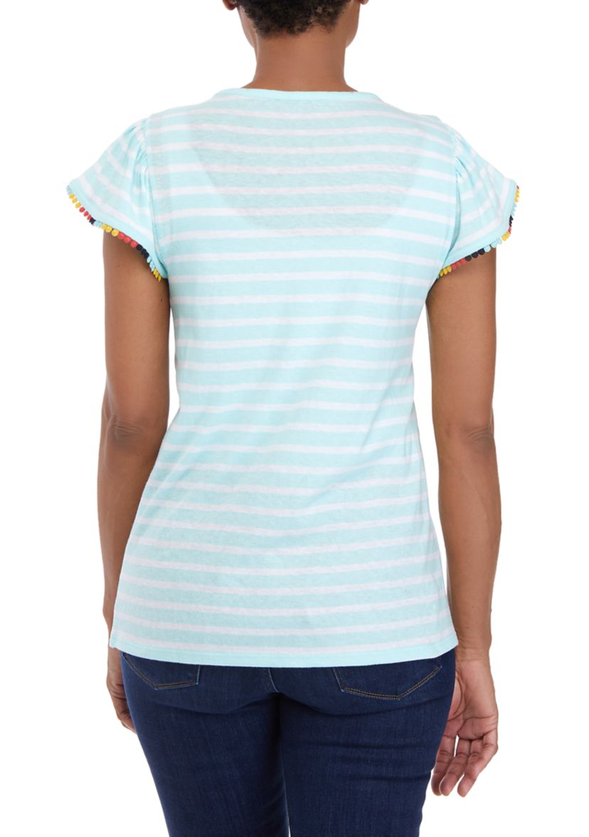 Womens Flutter Sleeve Pom Trim Top