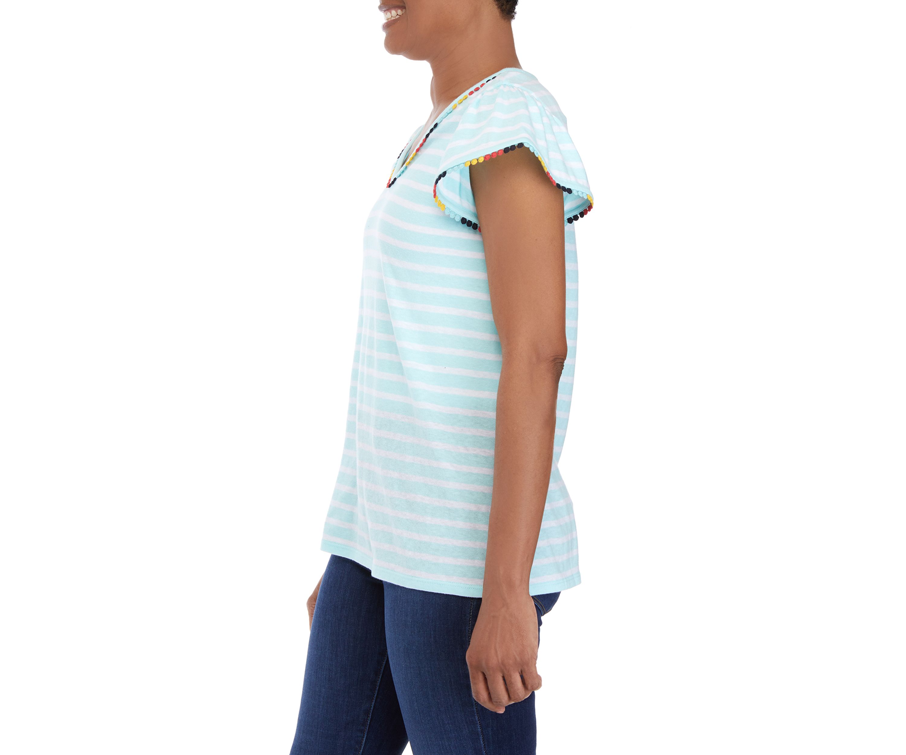 Womens Flutter Sleeve Pom Trim Top