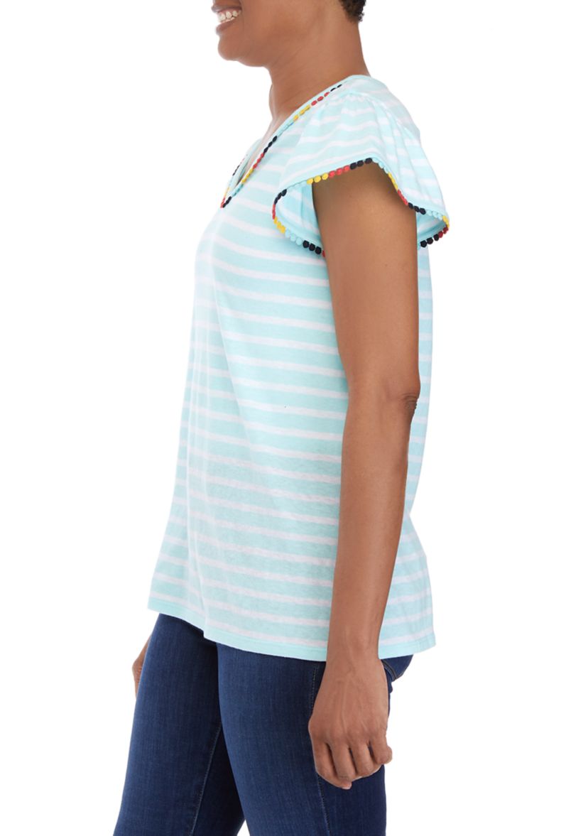 Womens Flutter Sleeve Pom Trim Top