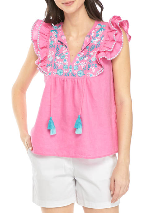 Crown & Ivy™ Womens Ruffle Sleeve Embroidered Top