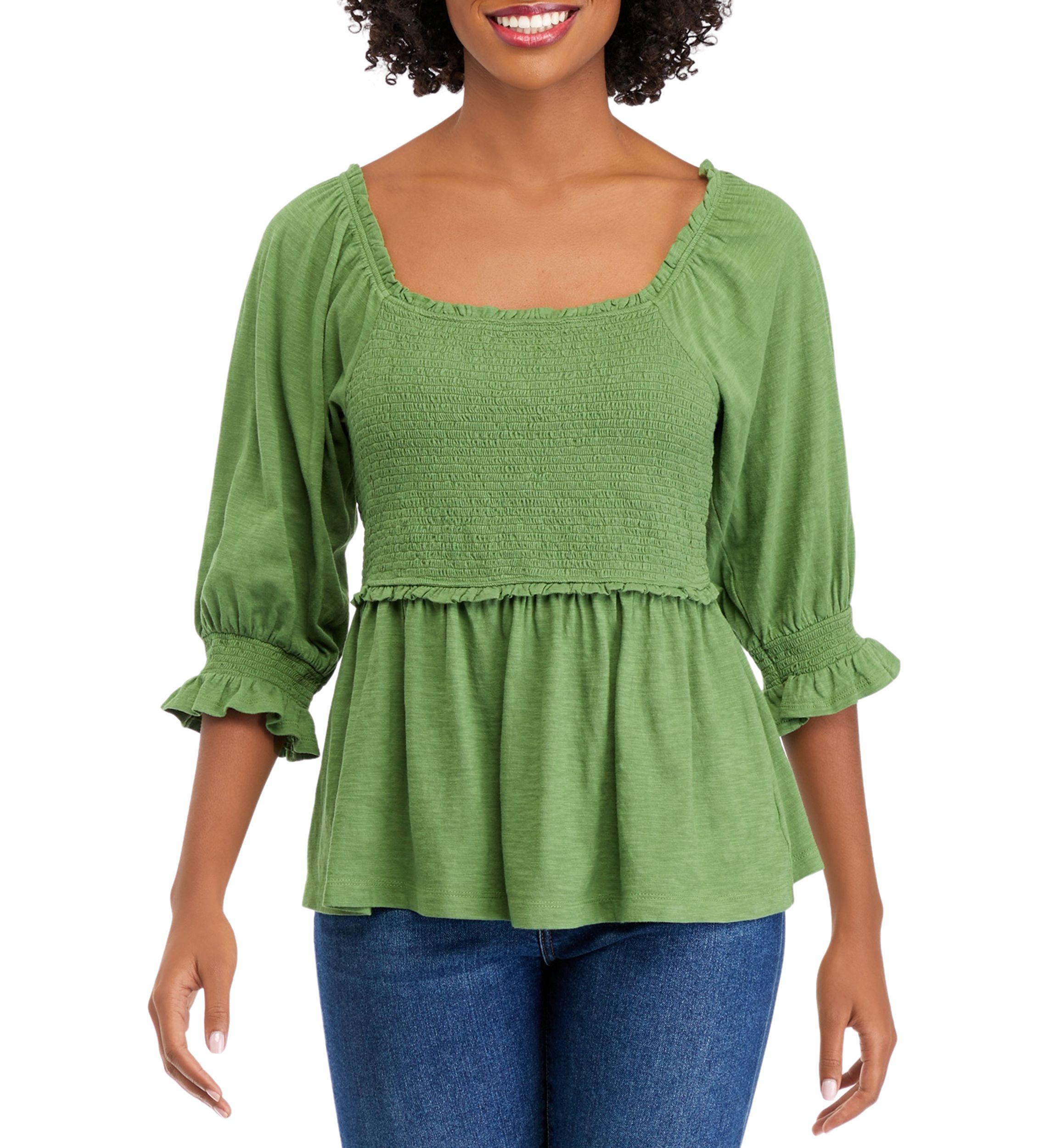 Womens 3/4 Sleeve Smocked T-Shirt