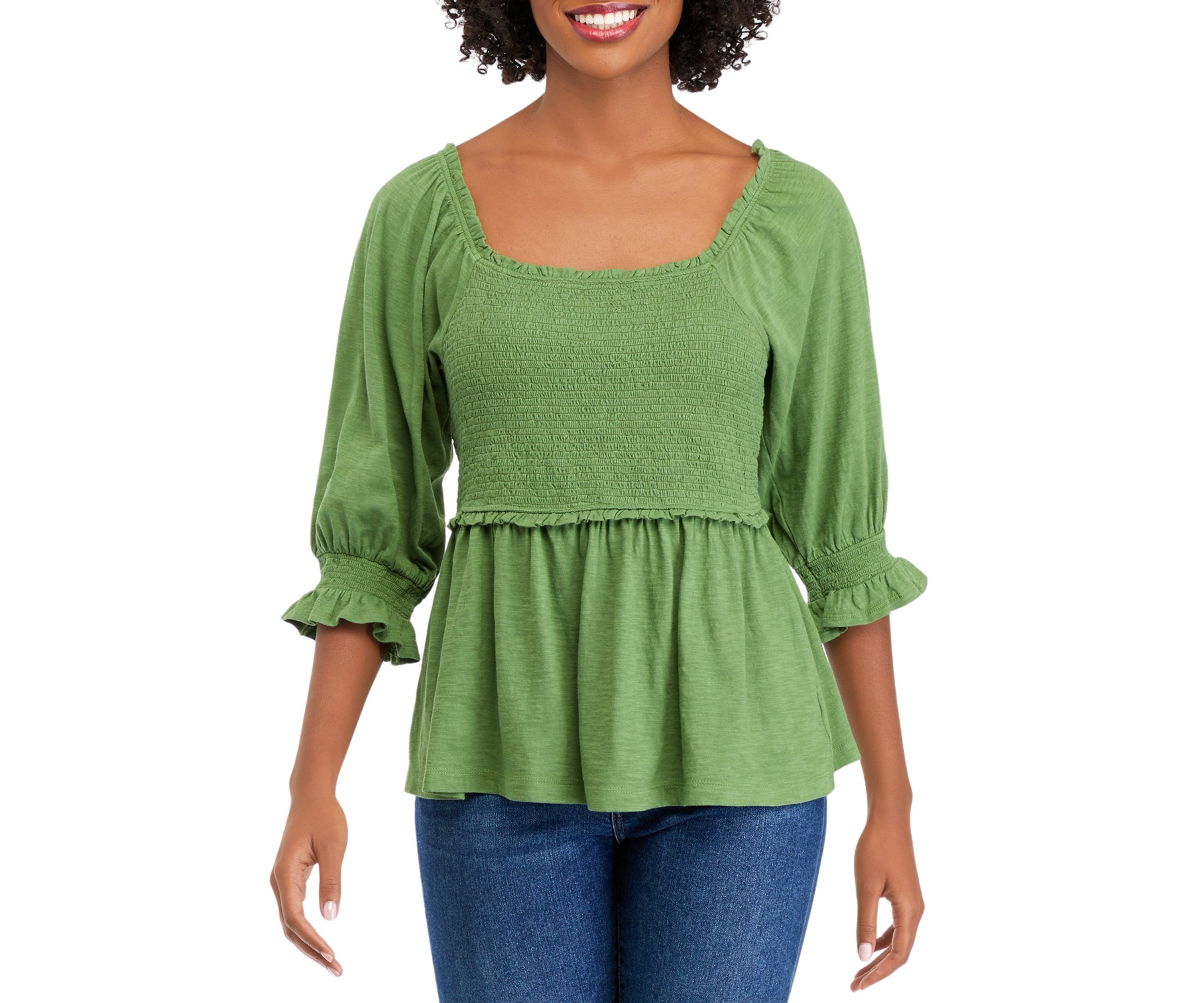 Womens 3/4 Sleeve Smocked T-Shirt