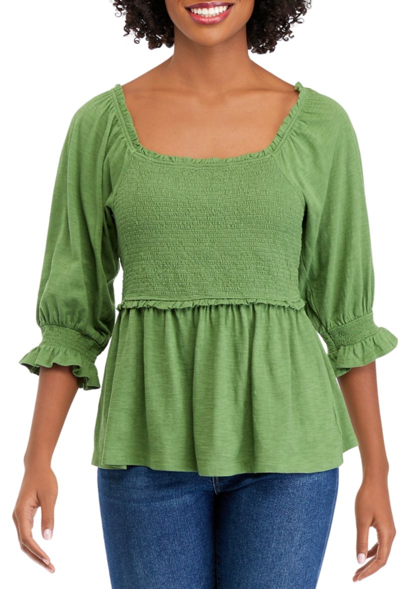 Womens 3/4 Sleeve Smocked T-Shirt